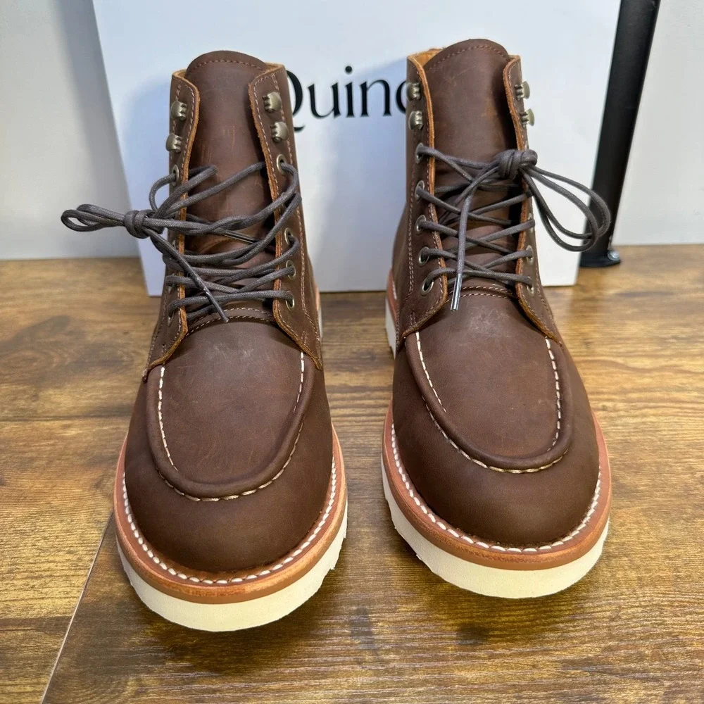Quince Mens Leather Moc Toe Boots Brown Cowhide Wedge Sole‎ 10.5